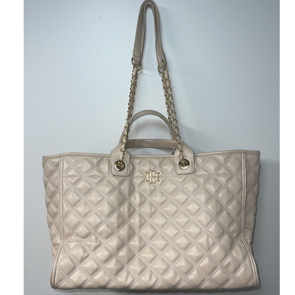 Caroline Hill | Melissa Tote Quilted Leather Handbag Cream Beige Gold Chain